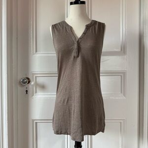 St. Tropez Brown Fitted 100% Linen Buttoned Tank Top with Mandarin Collar Small
